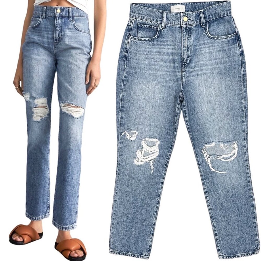 Triarchy Stove Pipe High-Rise Destroyed Distressed Jeans in Light Indigo Denim